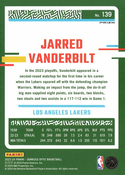 2023 Panini Donruss Optic Pink Jarred Vanderbilt #139 Los Angeles Lakers