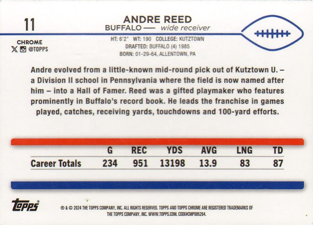 2024 Topps Chrome Football X- Fractor Andre Reed #11 Buffalo Bills