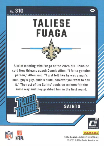 2024 Panini Donruss Taliese Fuaga Rated Rookie RC #310 New Orleans Saints