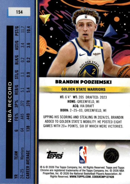 2025 Topps Chrome Cosmic Brandin Podziemski #154 Golden State Warriors