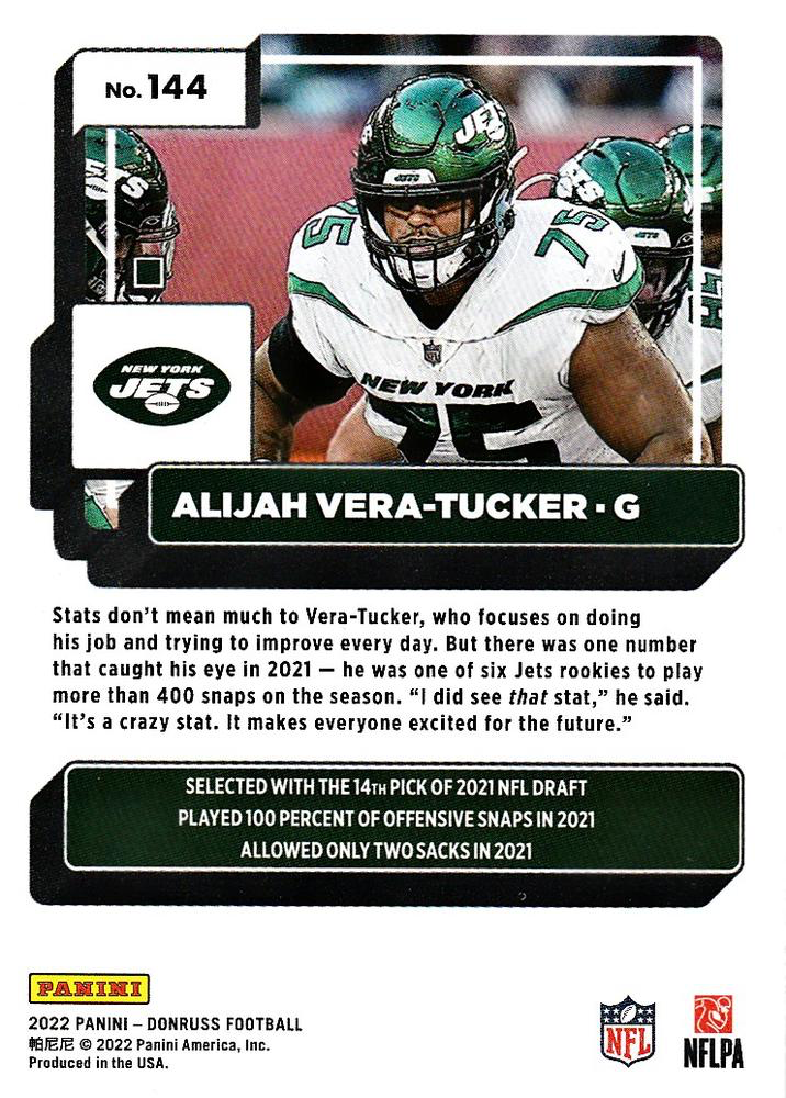 2022 Panini Donruss Alijah Vera-Tucker #144 New York Jets