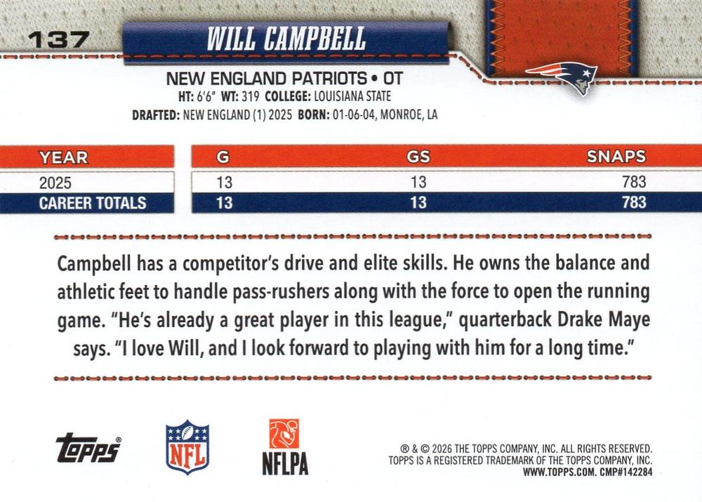 2026 Topps Flagship Will Campbell #137 New England Patriots