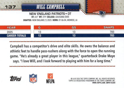 2026 Topps Flagship Will Campbell #137 New England Patriots