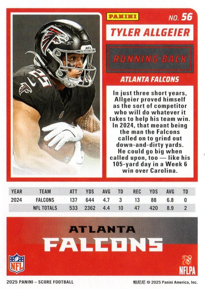2025 Panini Score Tyler Allgeier #56 Atlanta Falcons