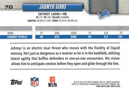 2026 Topps Flagship Jahmyr Gibbs #70 Detroit Lions