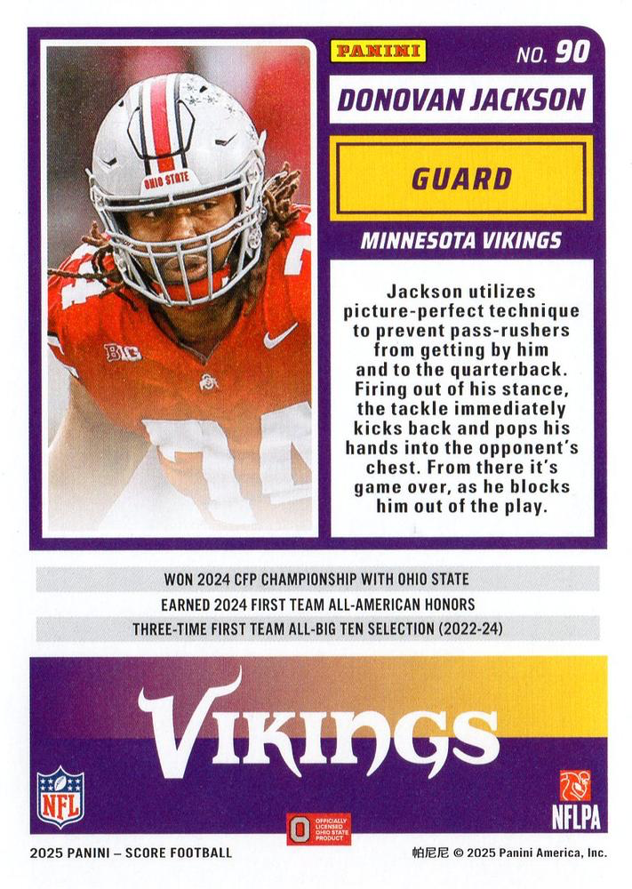 2025 Panini Score Donovan Jackson RC #90 Minnesota Vikings