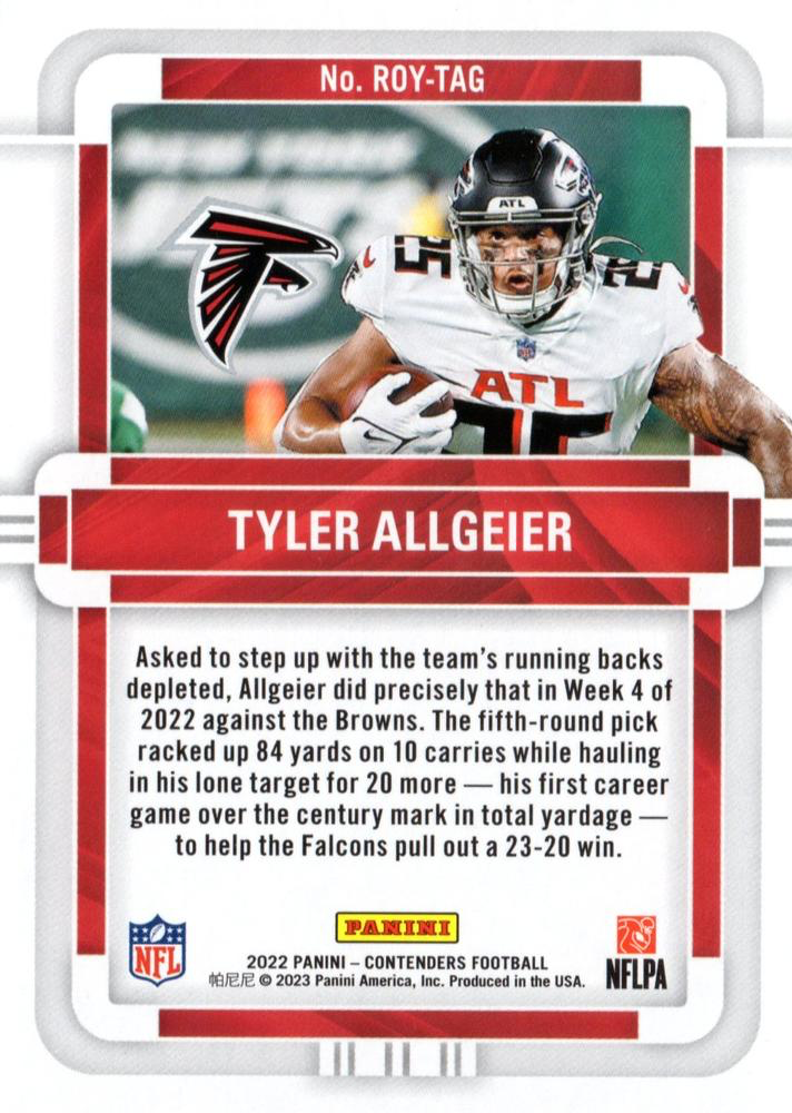 2022 Panini Contenders Rookie of the Year Emerald Tyler Allgeier #ROY-TAG Falcons