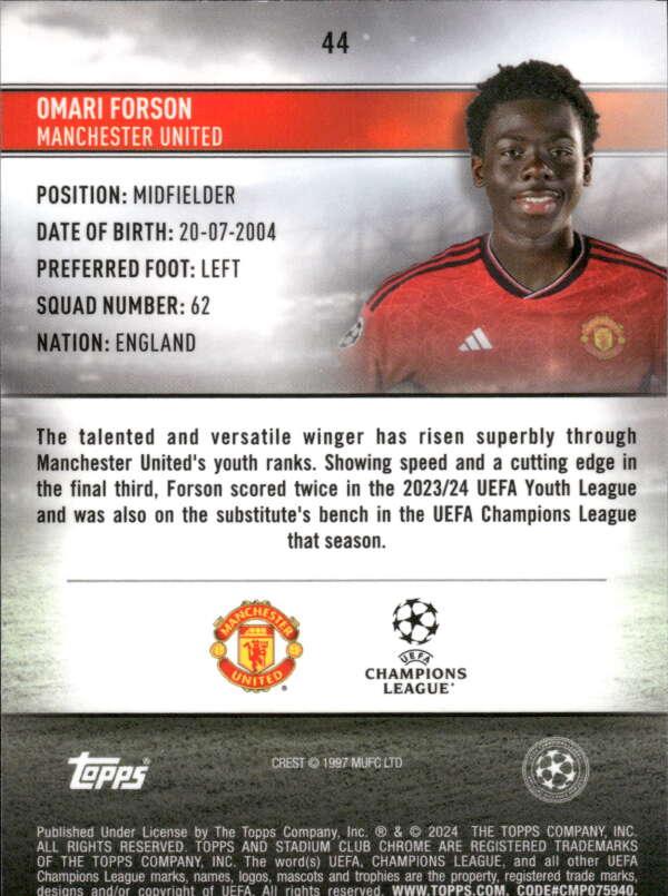 2023 Topps Stadium Club Chrome UCC RC Omari Forson #44 Manchester United