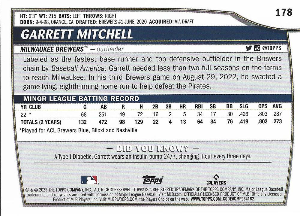 2023 Topps Big League Garrett Mitchell RC #178 Milwaukee Brewers