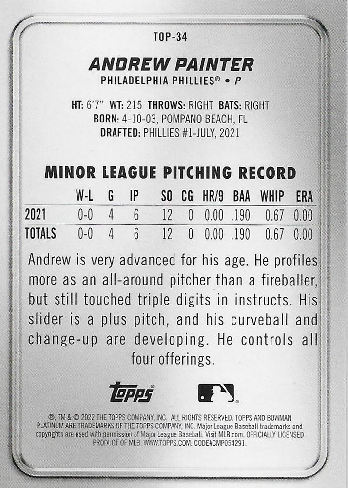 2022 Topps Bowman Platinum Top Prospects Andrew Painter Philadelphia Phillies #TOP-34