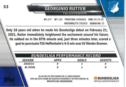 2021 Topps Chrome Bundesliga Georginio Rutter RC #53 TSG 1899 Hoffenheim