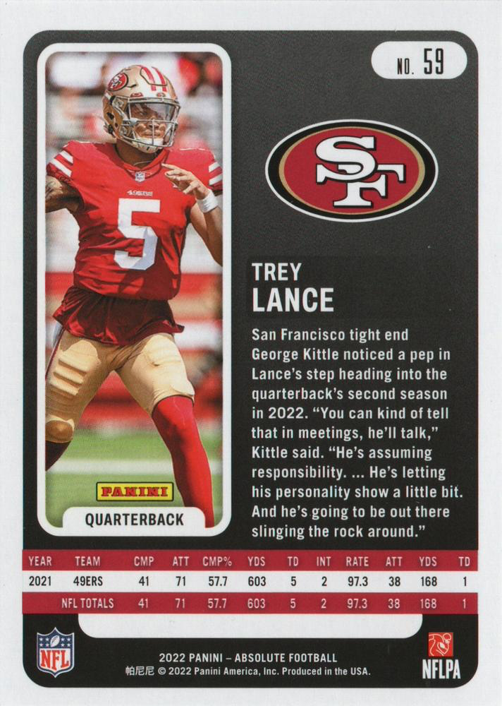 2022 Panini Absolute Trey Lance #59 San Francisco 49ers