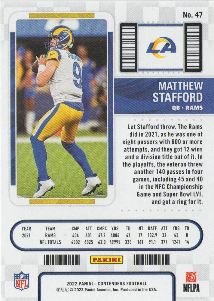 2022 Panini Contenders Matthew Stafford Los Angeles Rams #47