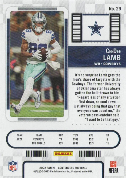 2022 Panini Contenders CeeDee Lamb Dallas Cowboys #29