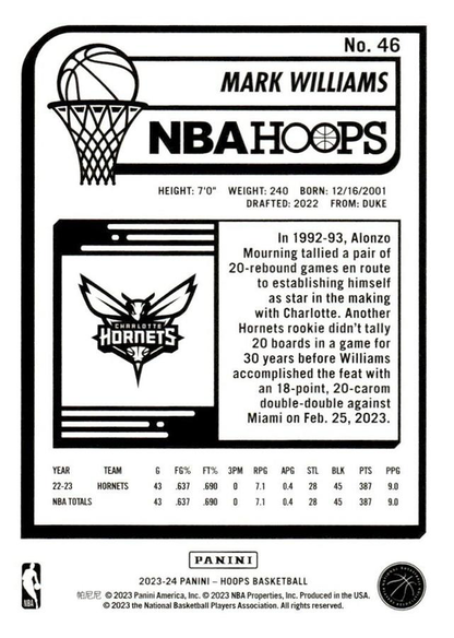 2023 Panini Hoops Mark Williams #46 Charlotte Hornets