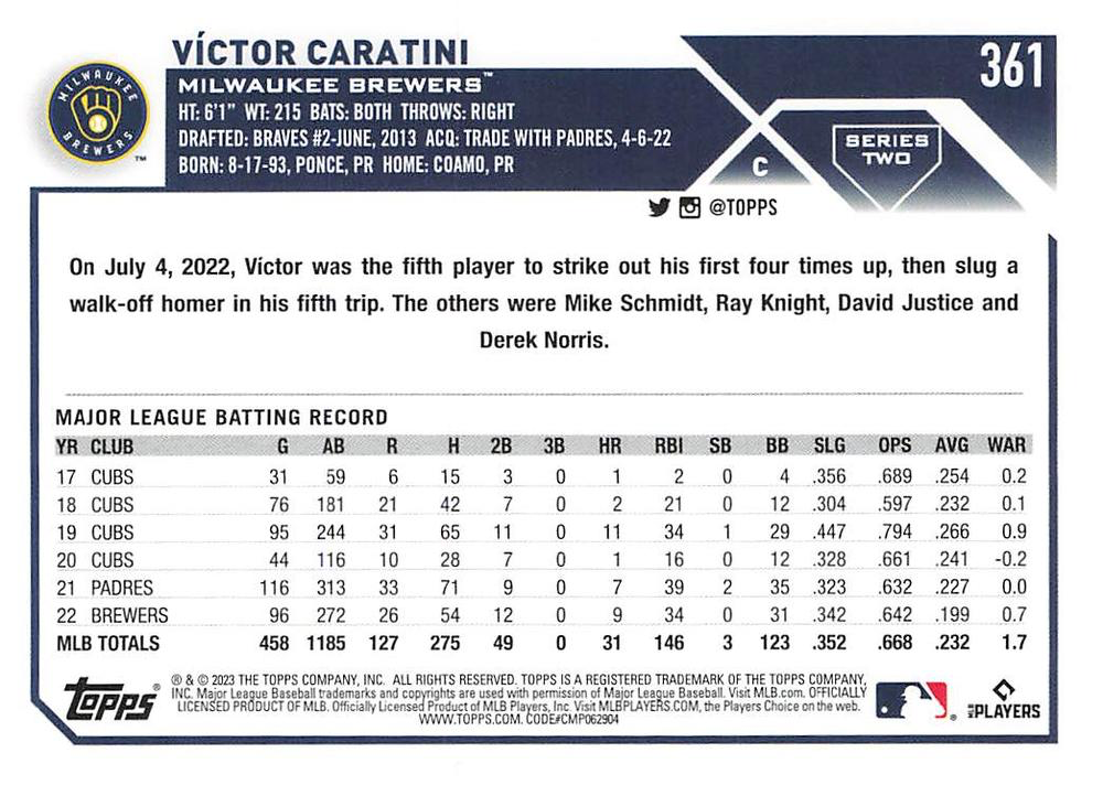 2023 Topps Series 2 Victor Caratini Milwaukee Brewers #361