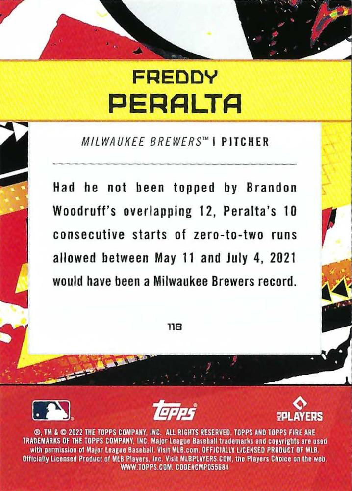 2022 Topps Fire Freddy Peralta Milwaukee Brewers #118