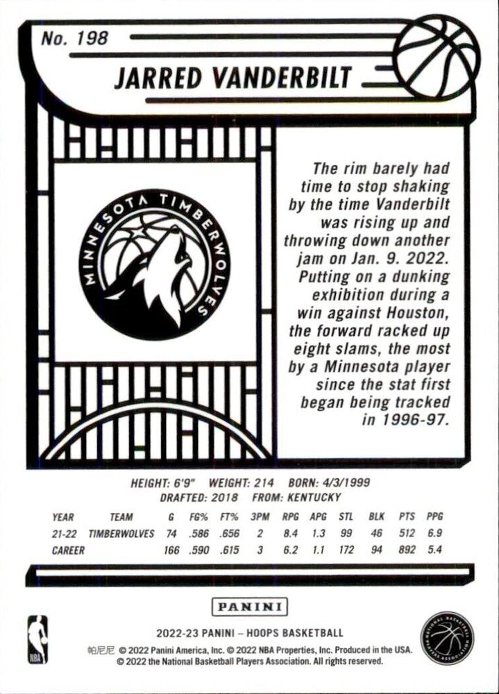 2022 Panini Hoops Jarred Vanderbilt #198 Minnesota Timberwolves