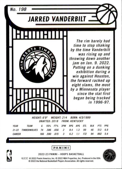 2022 Panini Hoops Jarred Vanderbilt #198 Minnesota Timberwolves