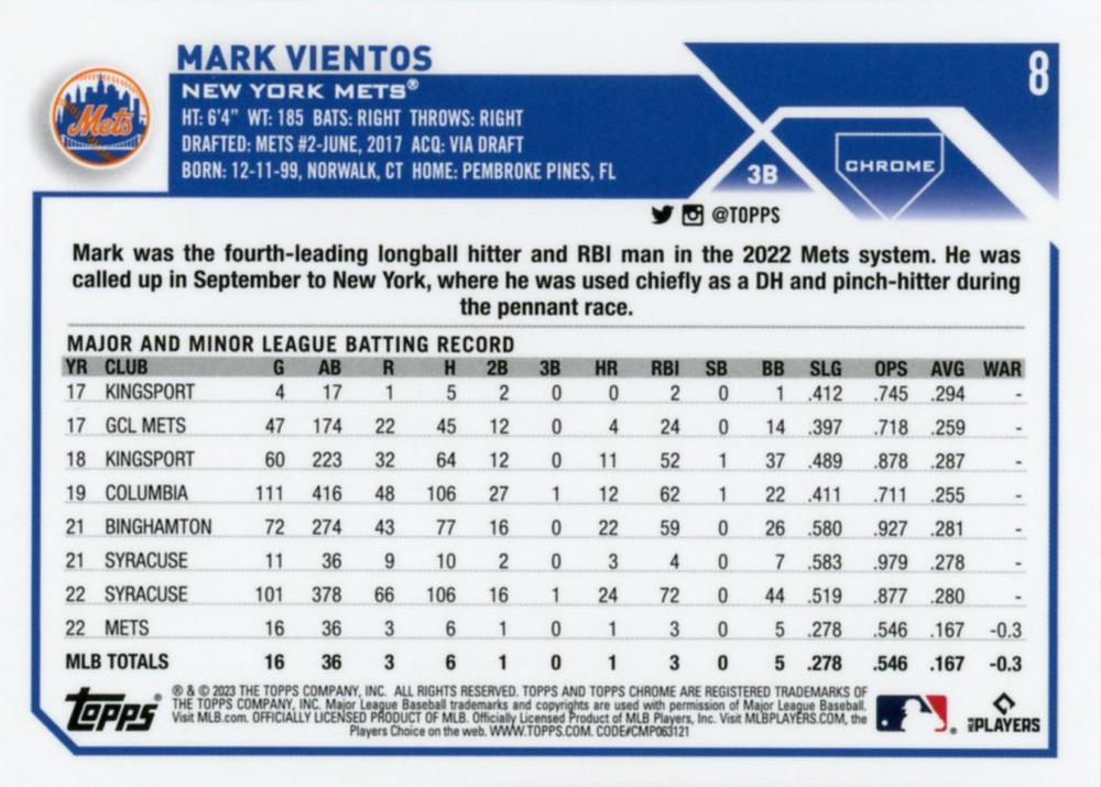 2023 Topps Chrome Sepia Refractor Parallel Mark Vientos RC New York Mets #8