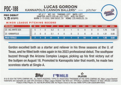 2024 Topps Pro Debut Chrome Refractor Lucas Gordon #PDC-188 Kannapolis Cannon Ballers