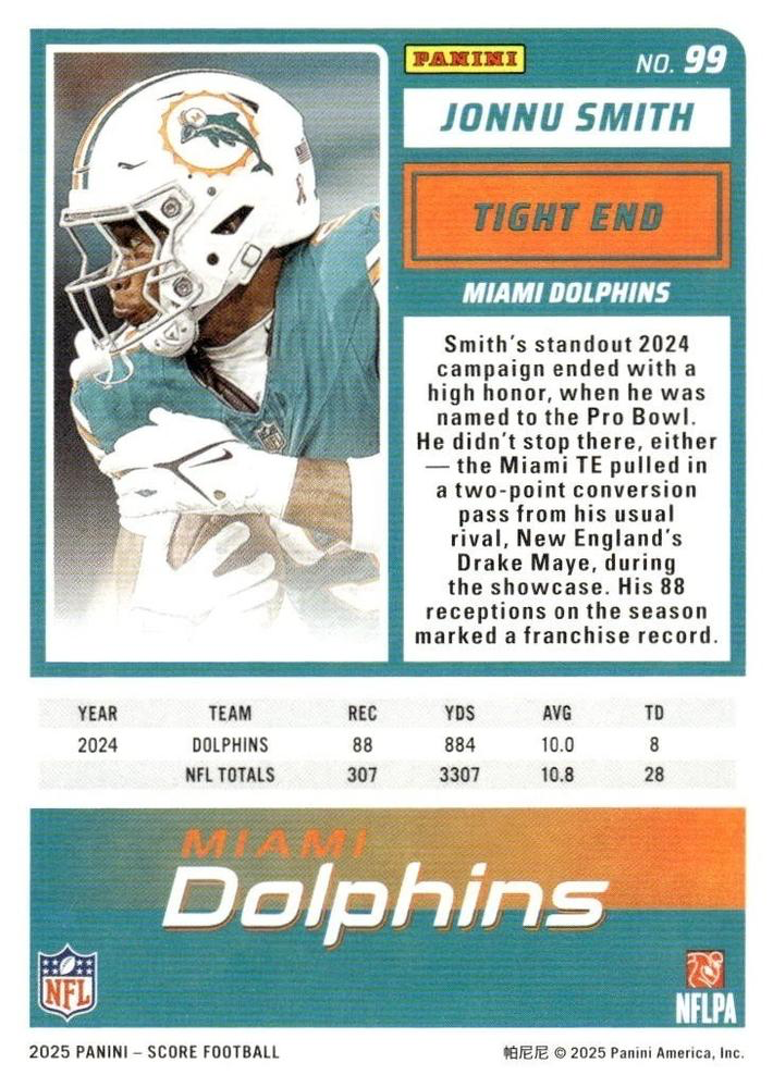 2025 Panini Score Scorecard Jonnu Smith #99 Miami Dolphins
