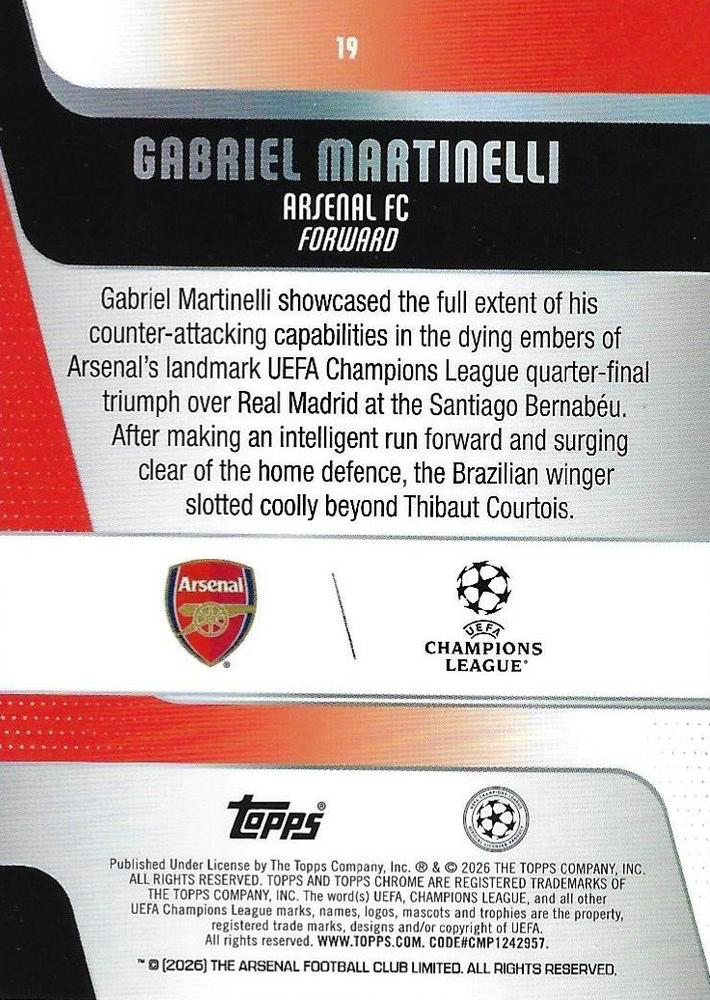 2025 Topps Chrome UCC Gabriel Martinelli #19 Arsenal FC