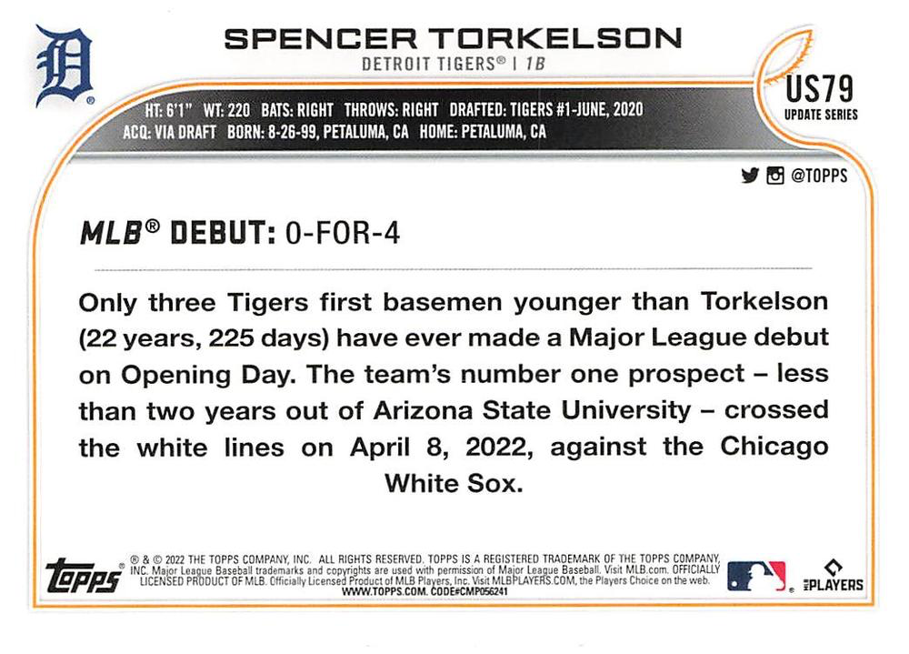2022 Topps Update Spencer Torkelson RC #US79 Detroit Tigers