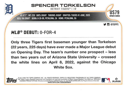 2022 Topps Update Spencer Torkelson RC #US79 Detroit Tigers