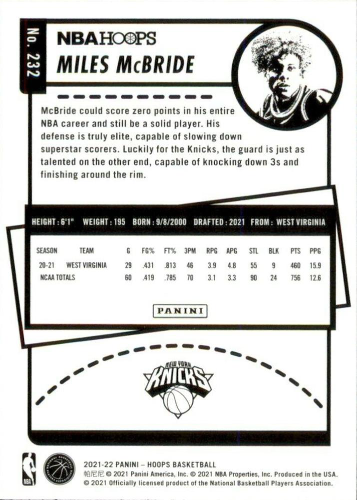 2021 Panini Hoops Miles McBride RC #232 New York Knicks