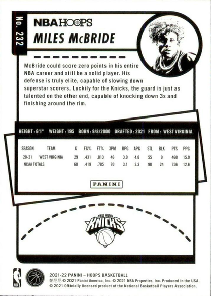 2021 Panini Hoops Miles McBride RC #232 New York Knicks