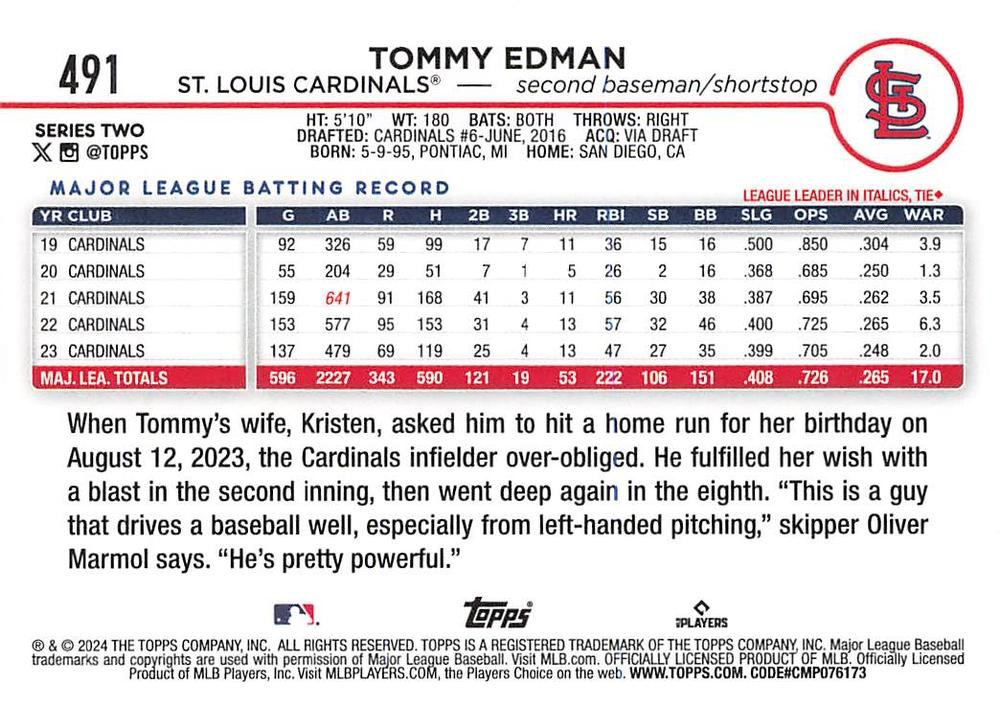 2024 Topps Series 2 Tommy Edman #491 St. Louis Cardinals