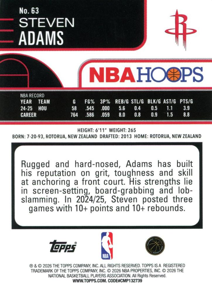 2025 Topps Hoops Steven Adams #63 Houston Rockets