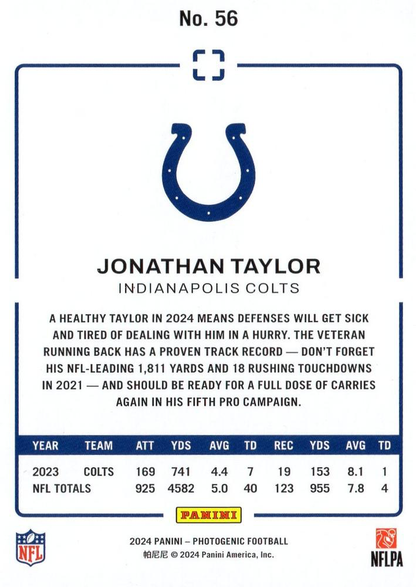 2024 Panini Photogenic Jonathan Taylor #56 Indianapolis Colts
