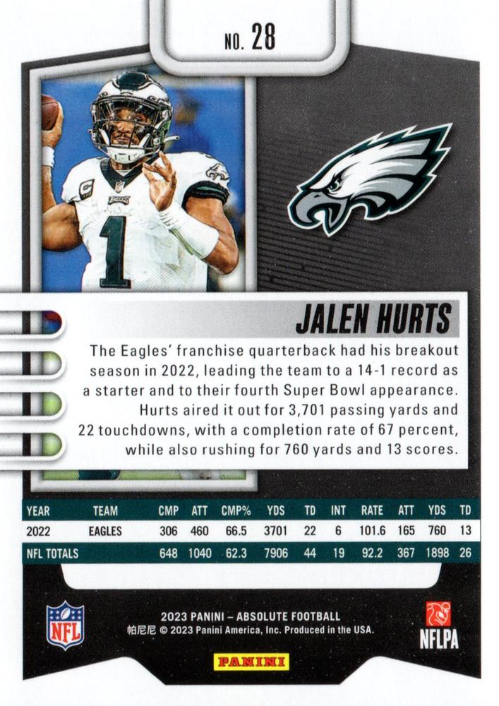 2023 Panini Absolute Jalen Hurts #28 Philadelphia Eagles
