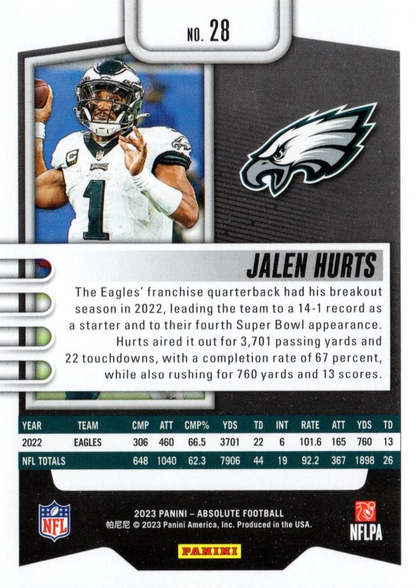 2023 Panini Absolute Jalen Hurts #28 Philadelphia Eagles