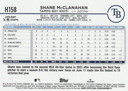 2024 Topps Holiday Shane McClanahan Tampa Bay Rays #H158