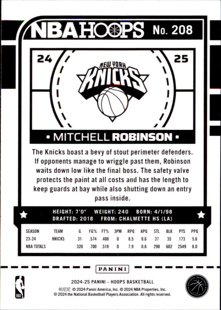 2024 Panini Hoops Mitchell Robinson #208 New York Knicks