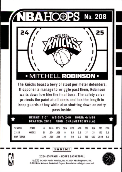 2024 Panini Hoops Mitchell Robinson #208 New York Knicks