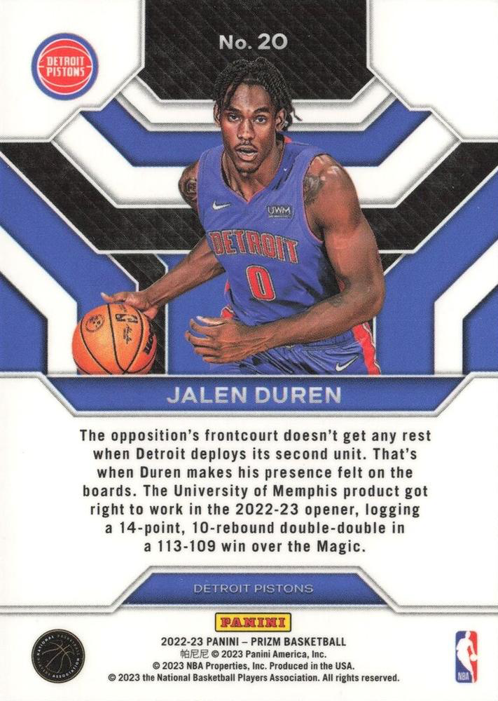 2022 Panini Prizm Emergent Jalen Duren #20 Detroit Pistons