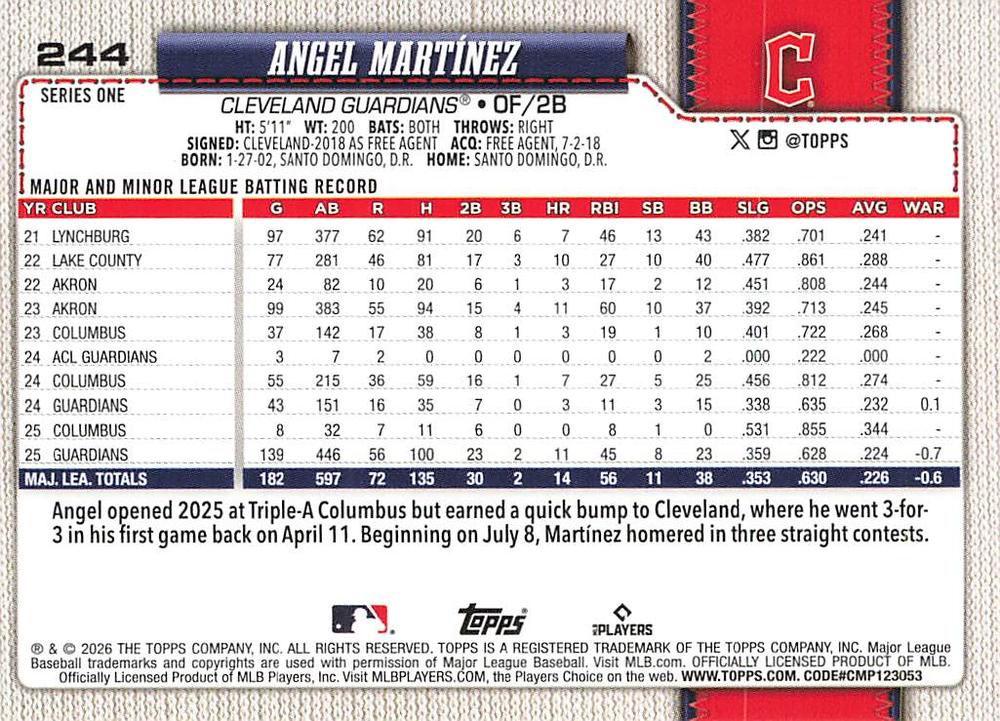 2026 Topps Series 1 Angel Martinez #244 Cleveland Guardians