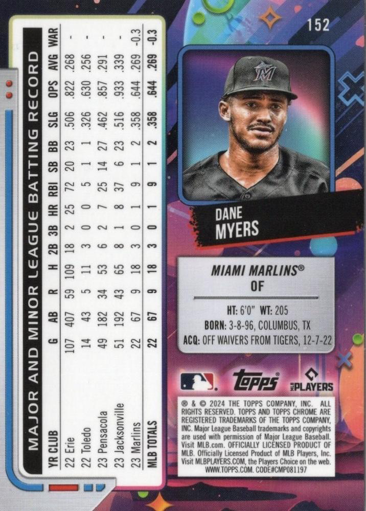 2024 Topps Chrome Cosmic Dane Myers RC #152 Miami Marlins