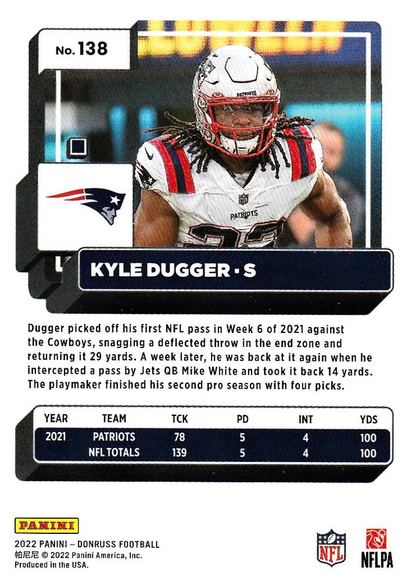 2022 Panini Donruss Kyle Dugger #138 New England Patriots