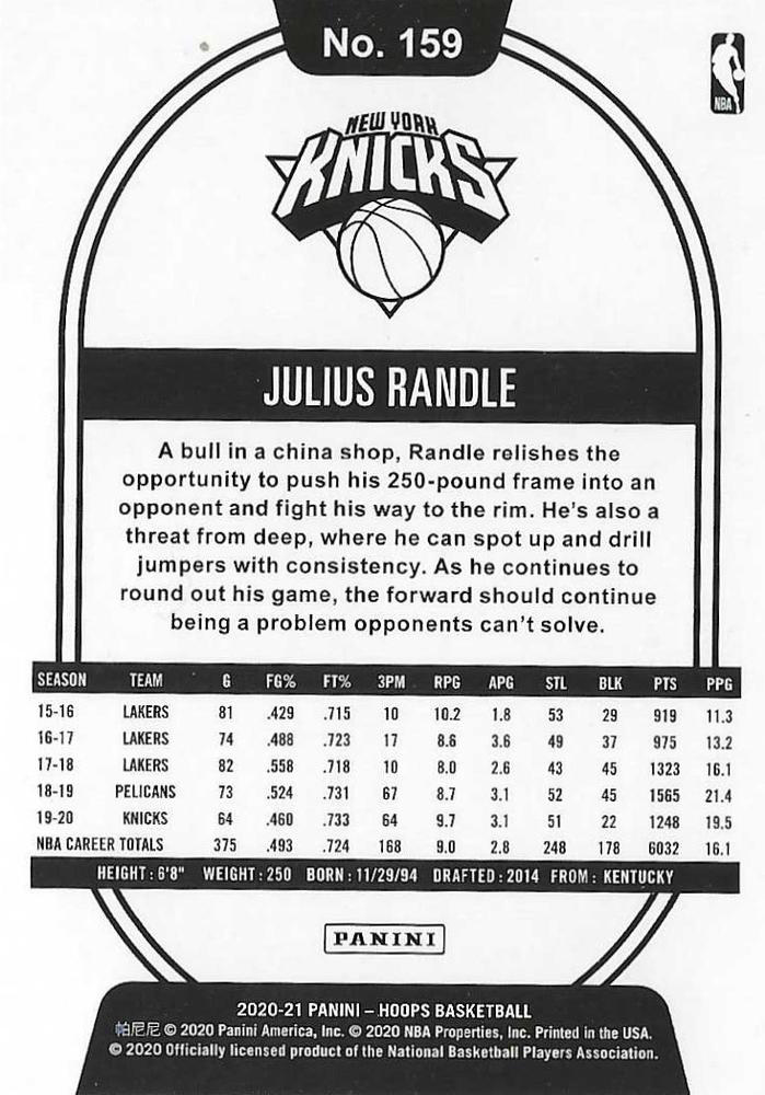 2020 Panini Hoops Julius Randle #159 New York Knicks