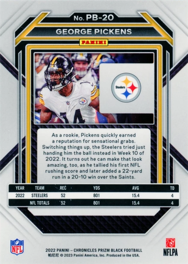 2022 Panini Chronicles Prizm Black RC George Pickens #PB-20 Pittsburgh Steelers