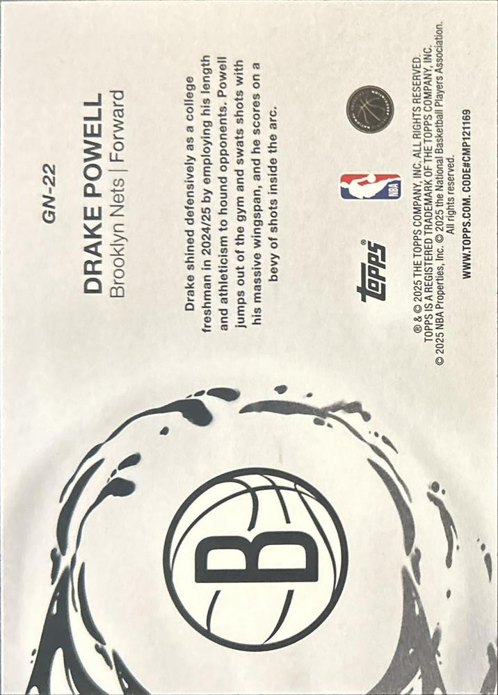 2025 Topps NBA Generation Now Drake Powell GN-22 Brooklyn Nets