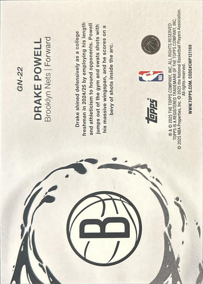 2025 Topps NBA Generation Now Drake Powell GN-22 Brooklyn Nets