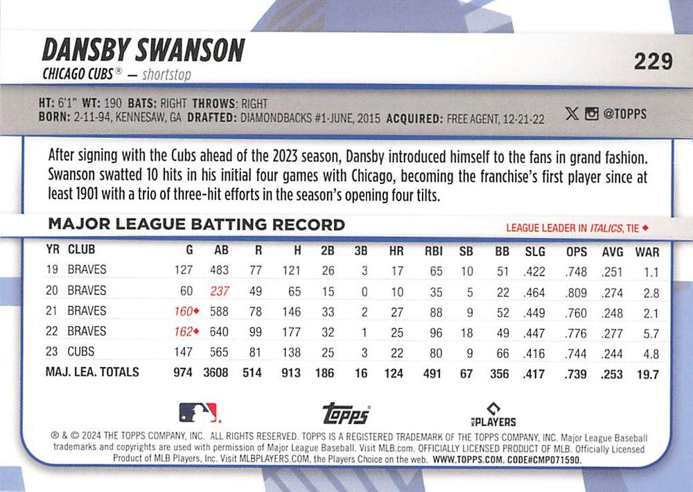 2024 Topps Big League Uncommon Foil Dansby Swanson SP Chicago Cubs #229