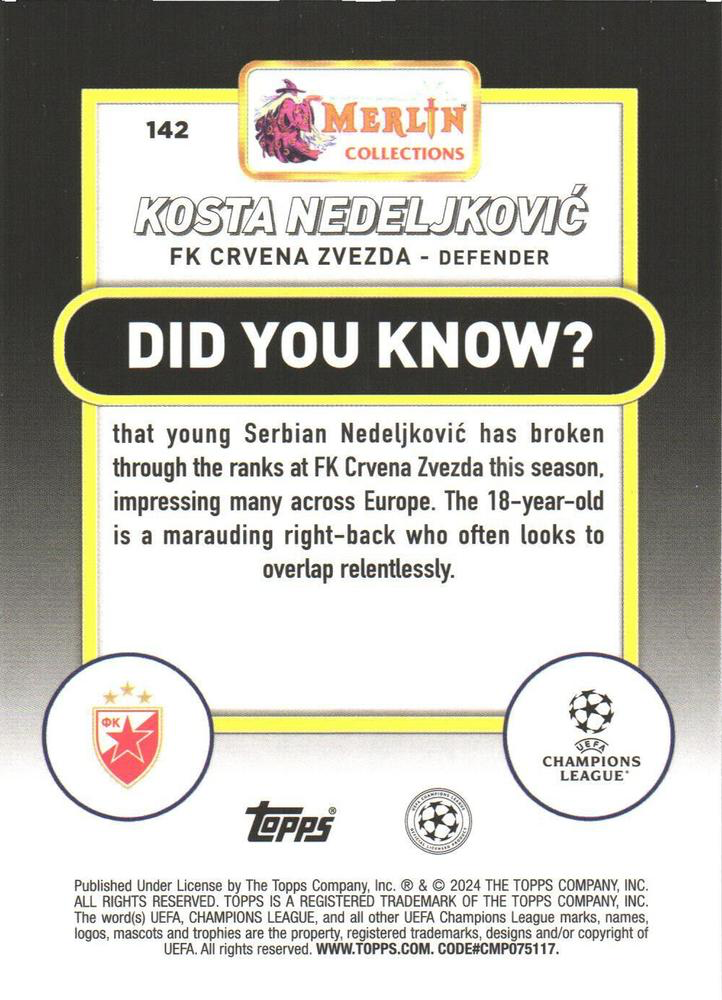 2023 Topps Merlin Chrome UCC Kosta Nedeljkovic RC #142 Red Star Belgrade