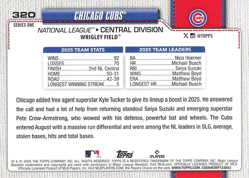 2026 Topps Series 1 Chicago Cubs Team Card #320 Chicago Cubs